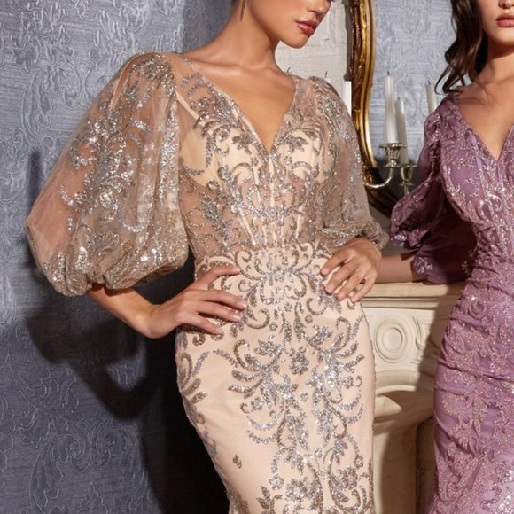 CHAMPAGNE PROM PARTY FORMAL EVENING LONG MERMAID GLITTER PRINT GOWN DRESS CDC009 - Picture 3 of 8